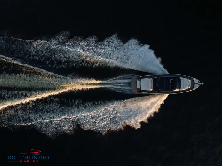  Yacht Photos Pics Aerial view of 2024 Dutch American Iconic DA 50 yacht cruising on water.