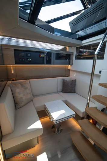  Yacht Photos Pics Luxurious interior of 2024 Dutch American Iconic DA 50 yacht with modern seating and skylight.