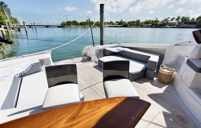  Yacht Photos Pics Luxurious 2007 Baia BAIA ONE 43 yacht deck with stylish seating and waterfront view.