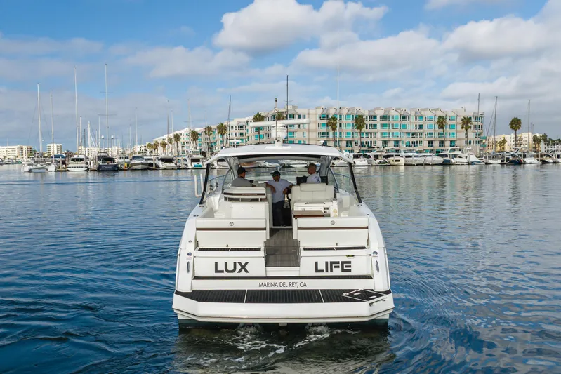 Lux Life Yacht Photos Pics 2017 Cruisers Yachts 39 Express Coupe in Marina del Rey harbor, sunny day, luxury boating.