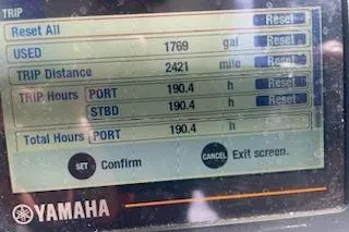  Yacht Photos Pics Yamaha display showing trip data: 1769 gallons used, 2421 miles traveled, 190.4 hours. Jeanneau 9.0 WA 2019.