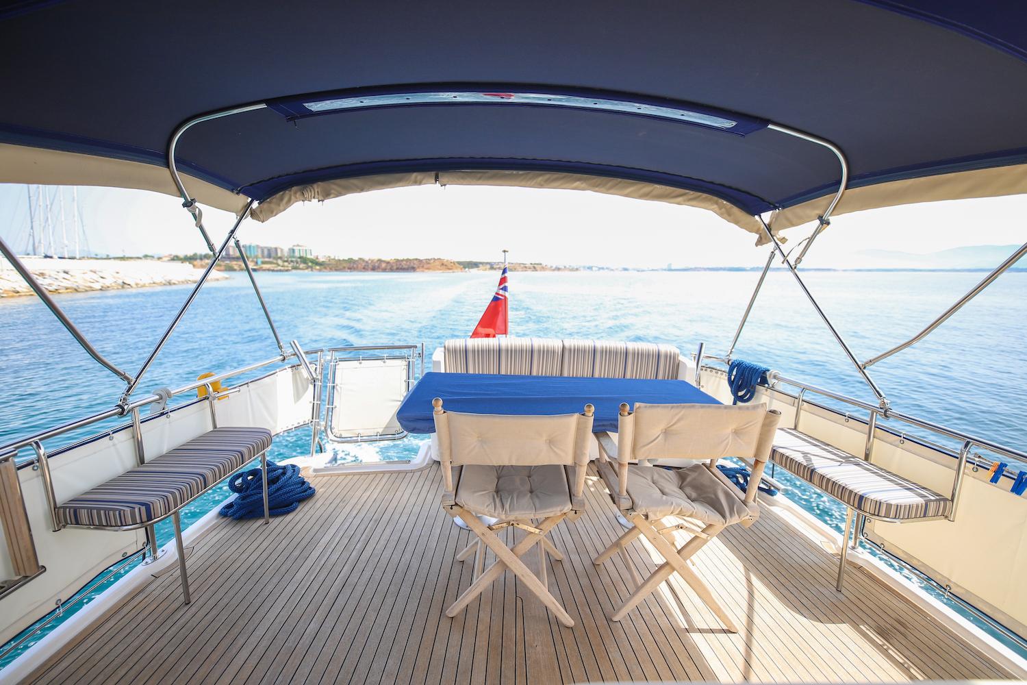 Deck view of 2014 Elling E4 Ultimate yacht with seating and ocean backdrop.
