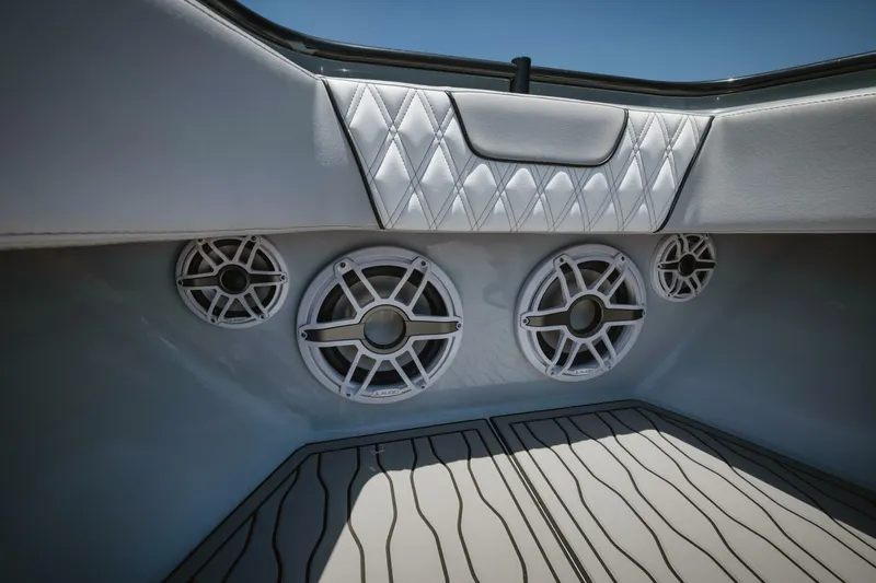 Deal Maker Yacht Photos Pics 2024 Contender 44ST boat interior with premium speakers and diamond-stitched upholstery.