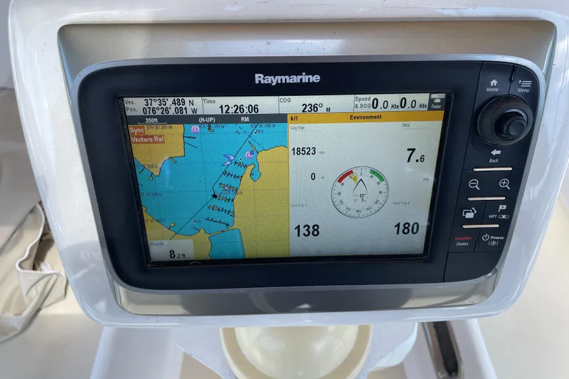 Maeve Yacht Photos Pics Raymarine navigation display on a 2004 Tartan 3700 sailboat, showing map and data.