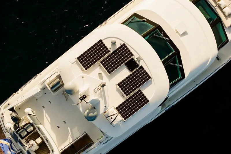 3w Yacht Photos Pics Aerial view of 2010 Horizon 74 Motoryacht with solar panels on deck.