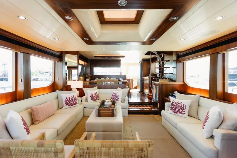 3w Yacht Photos Pics Luxurious interior of 2010 Horizon 74 Motoryacht with elegant seating and wooden accents.