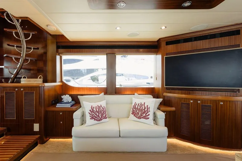 3w Yacht Photos Pics Luxurious interior of 2010 Horizon 74 Motoryacht with elegant wood paneling and plush seating.