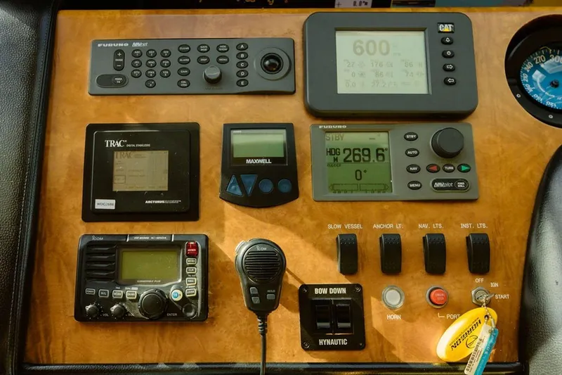 3w Yacht Photos Pics Control panel of a 2010 Horizon 74 Motoryacht with navigation and communication instruments.