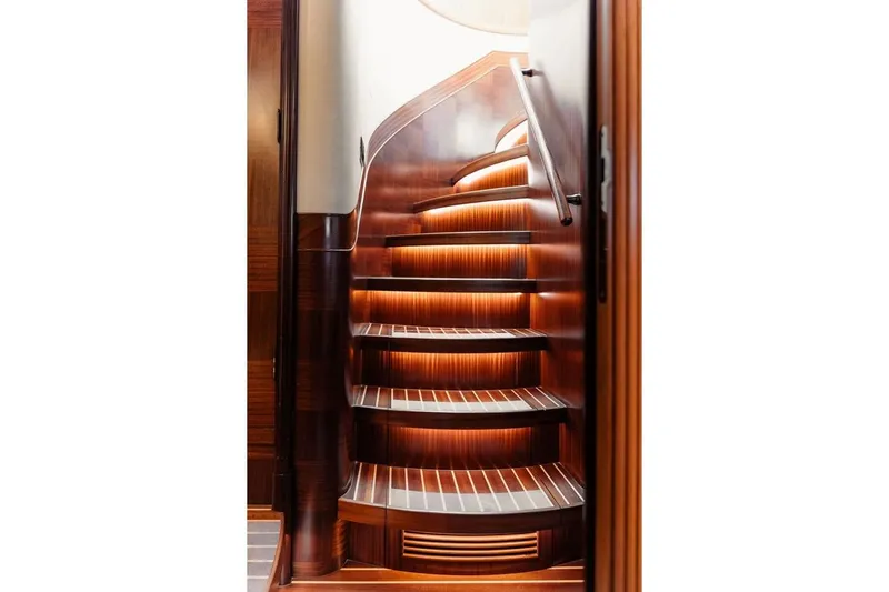 3w Yacht Photos Pics Luxurious wooden staircase with ambient lighting on a 2010 Horizon 74 Motoryacht.