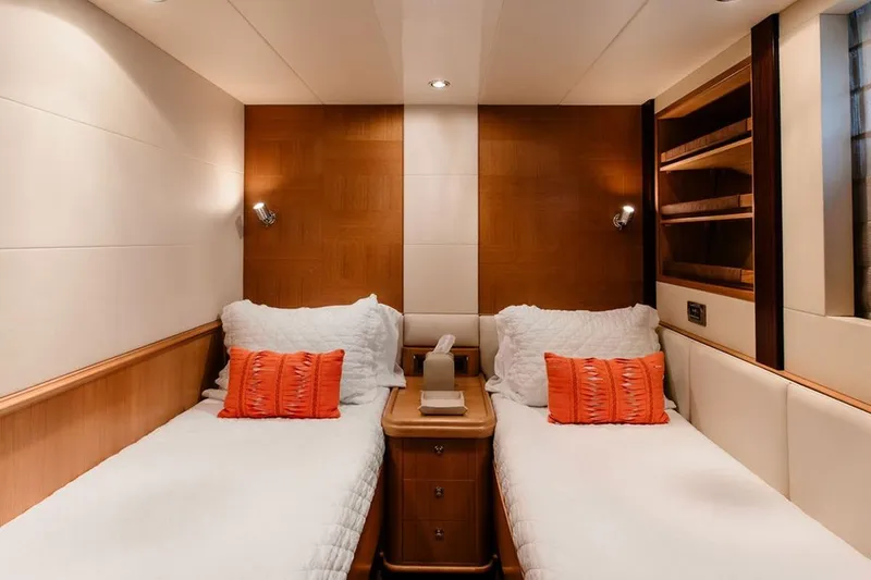 3w Yacht Photos Pics Luxurious twin cabin in 2010 Horizon 74 Motoryacht with elegant wood accents.