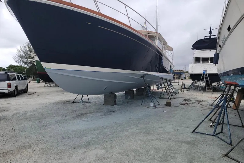 Last Dance Yacht Photos Pics 2001 Grand Banks 49 Eastbay HX yacht on dry dock for maintenance.