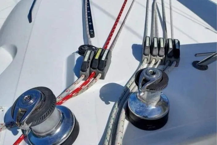 Yolo Yacht Photos Pics Deck of 2006 Lagoon 410-S2 catamaran with winches and ropes.