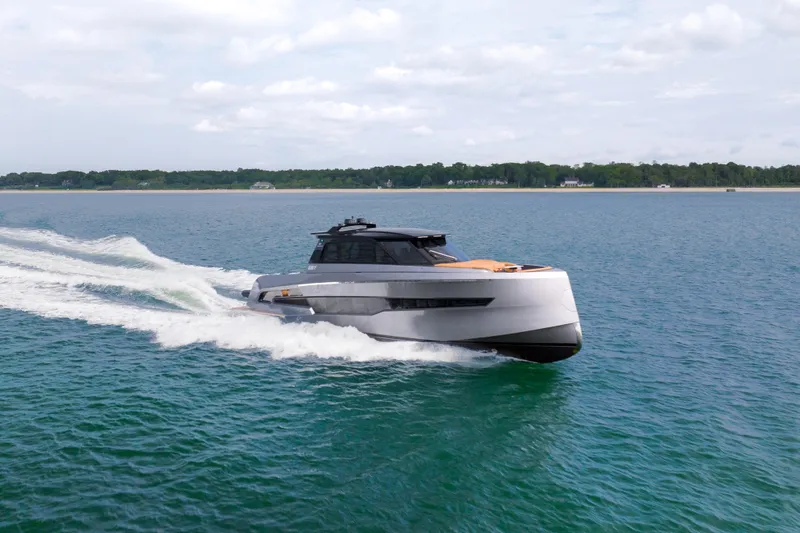 Grit Yacht Photos Pics 2025 Steeler Bronson 67 Beachclub yacht cruising on open water.