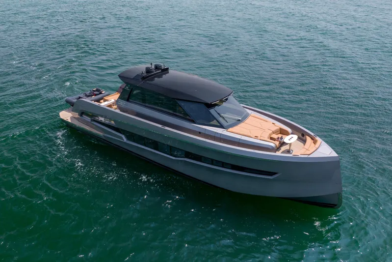 Grit Yacht Photos Pics 2025 Steeler Bronson 67 Beachclub yacht cruising on open water.