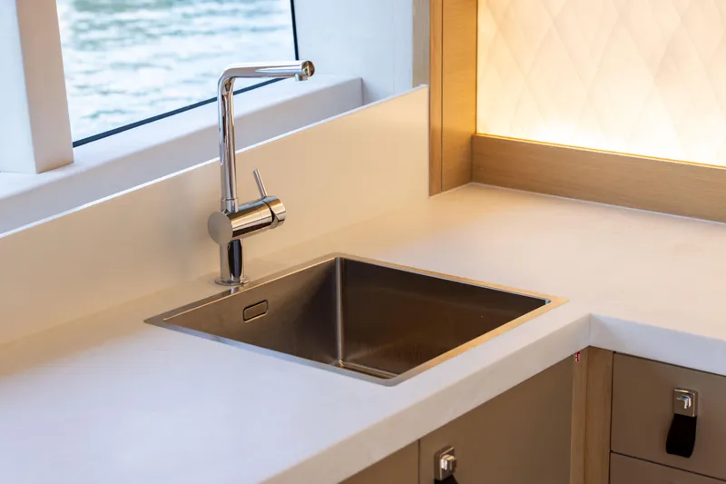 Grit Yacht Photos Pics Modern kitchen sink on Steeler Bronson 67 Beachclub yacht, 2025 model.