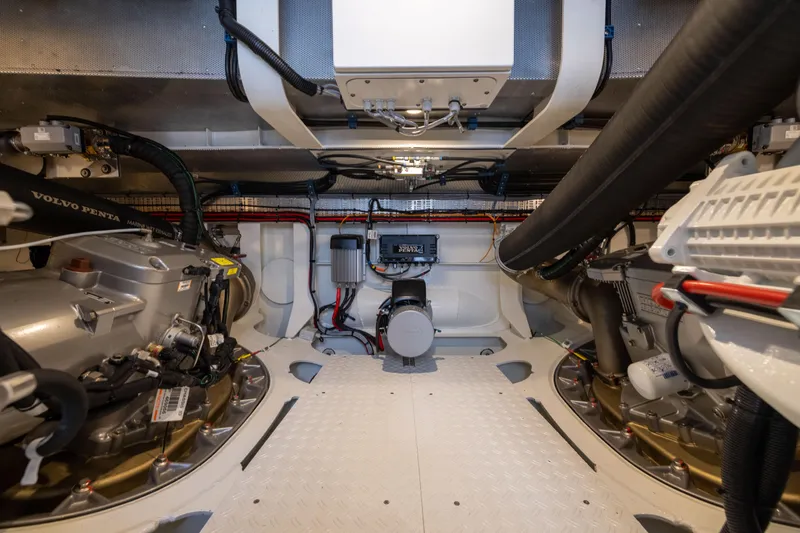 Grit Yacht Photos Pics Engine room of 2025 Steeler Bronson 67 Beachclub yacht, featuring Volvo Penta marine engines.