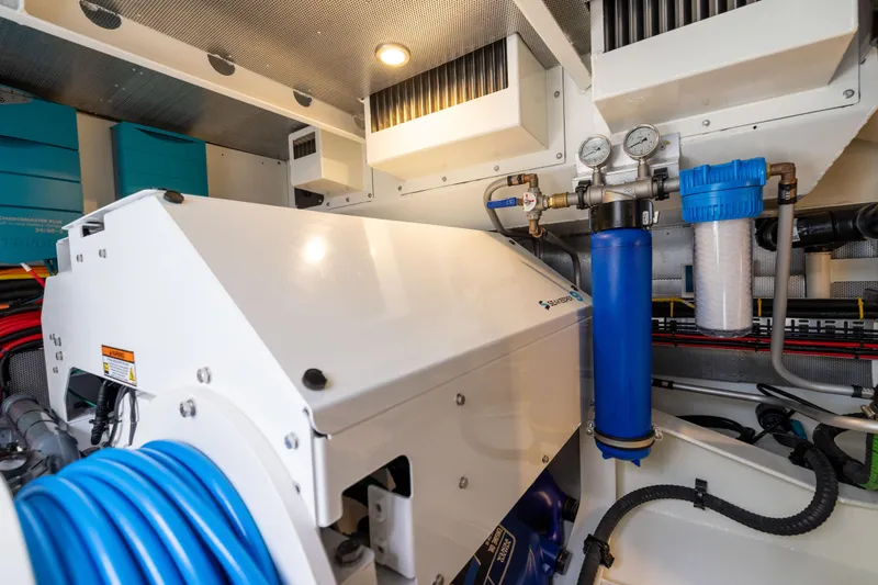 Grit Yacht Photos Pics Engine room of 2025 Steeler Bronson 67 Beachclub yacht, featuring advanced machinery and filtration system.