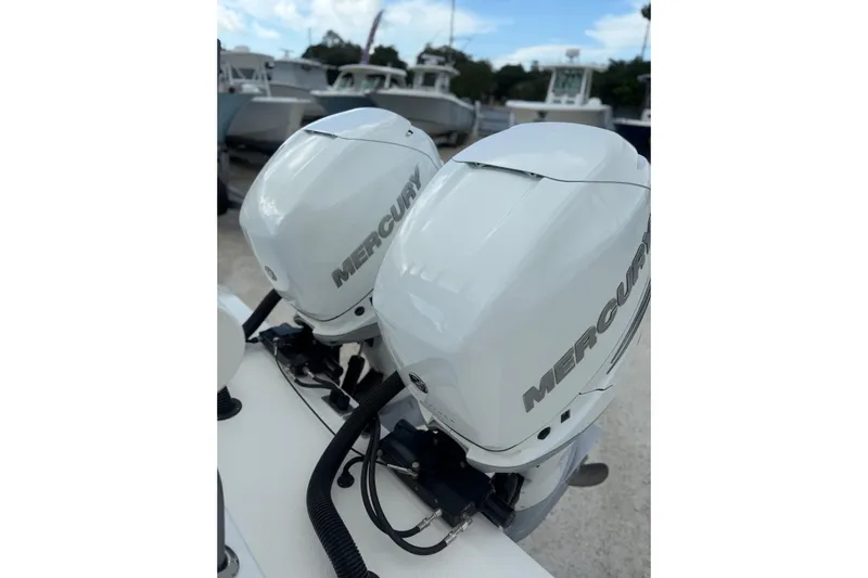  Yacht Photos Pics Twin Mercury outboard engines on a 2023 Solace 32 CS boat.