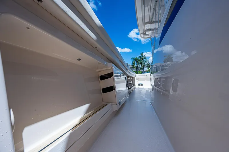  Yacht Photos Pics 2019 Grady-White Canyon 456 boat interior with clear blue sky background.