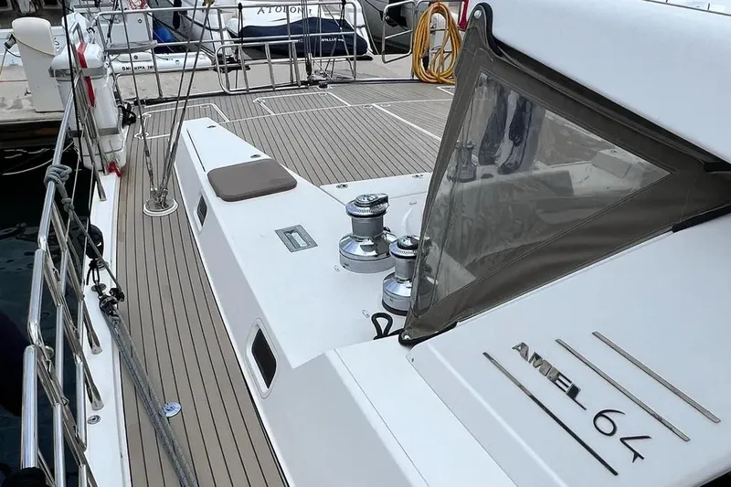  Yacht Photos Pics Luxury Amel 64 yacht deck, 2016 model, featuring sleek design and modern amenities.