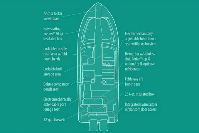  Yacht Photos Pics Diagram of 2020 Grady-White Freedom 307 boat layout with labeled features and seating areas.