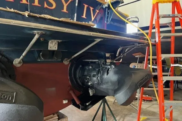 Daisy IV Yacht Photos Pics 2001 Little Harbor WhisperJet 44 in maintenance, showcasing jet drive and hull details.