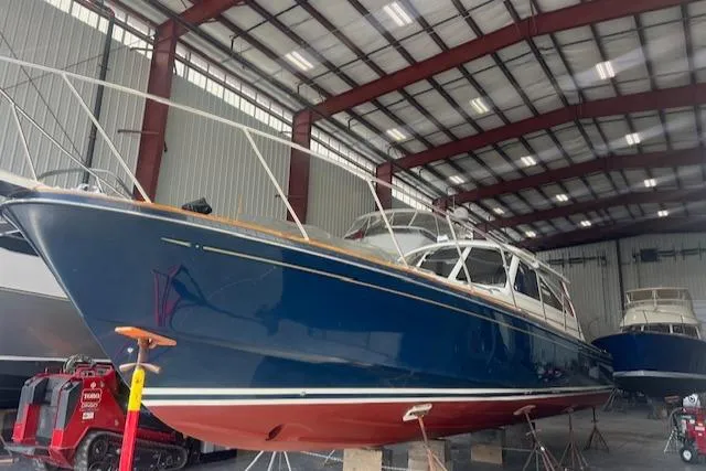 Daisy IV Yacht Photos Pics 2001 Little Harbor WhisperJet 44 boat in a storage facility.