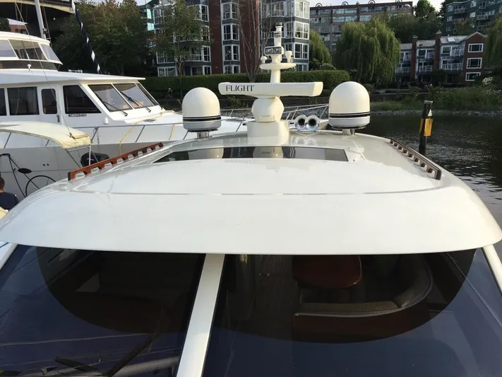 Flight Yacht Photos Pics Luxury San Juan 48 yacht docked, showcasing sleek design and modern technology, 2009 model.