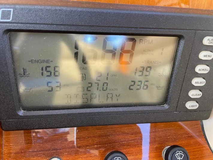 Flight Yacht Photos Pics Digital display panel on a 2009 San Juan 48 boat showing engine and transmission data.