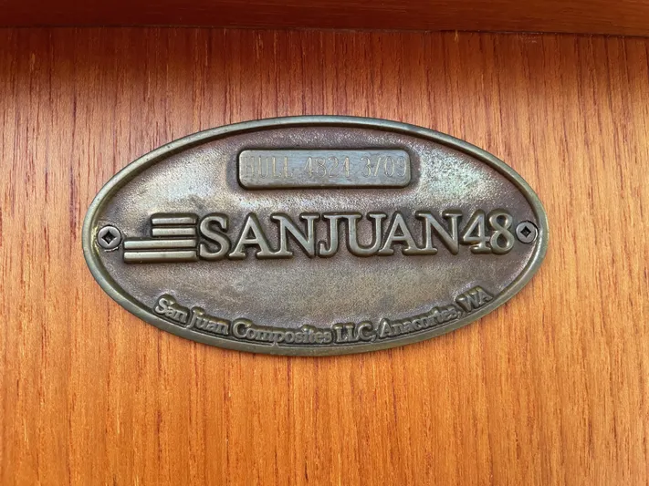 Flight Yacht Photos Pics Plaque of San Juan 48 yacht, 2009 model, by San Juan Composites LLC, Anacortes, WA.
