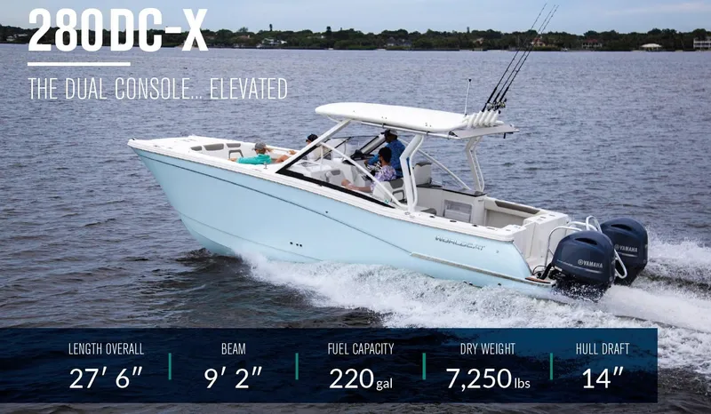 Wcn 55838 280dcx Yacht Photos Pics 2025 World Cat 280 DC-X dual console boat on water, specifications displayed.