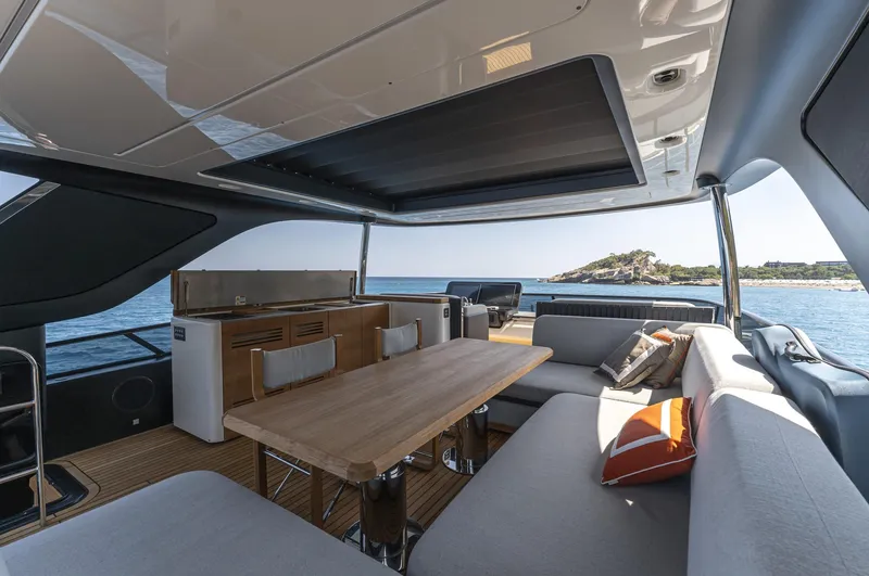 Orca I Yacht Photos Pics Luxurious interior of 2022 Cranchi Settantotto 78 yacht with ocean view.