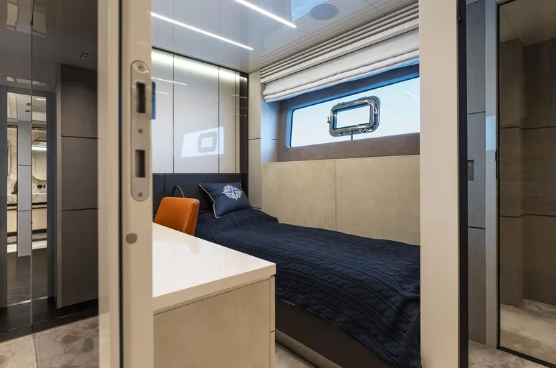 Orca I Yacht Photos Pics Luxurious cabin interior of 2022 Cranchi Settantotto 78 yacht with modern design elements.