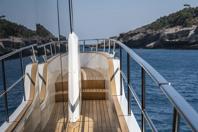 Orca I Yacht Photos Pics 2022 Cranchi Settantotto 78 yacht deck with scenic ocean view.