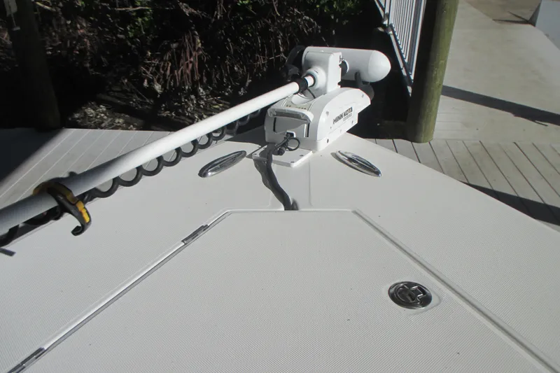  Yacht Photos Pics Bow of 2012 Jupiter 30 FS boat with Minn Kota trolling motor.