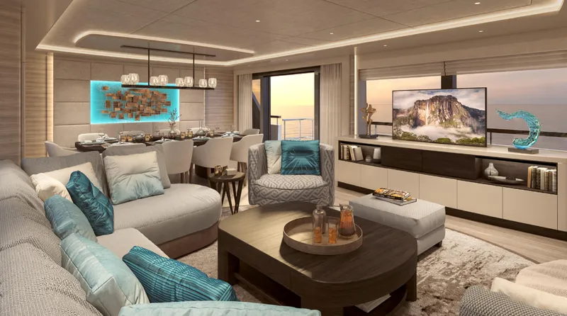 The Vessel Yacht Photos Pics Luxurious interior of 2026 Van der Valk Motor Yacht with modern decor and ocean view.