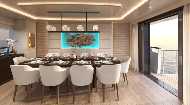 The Vessel Yacht Photos Pics Luxurious dining area on a 2026 Van der Valk Motor Yacht with ocean view.