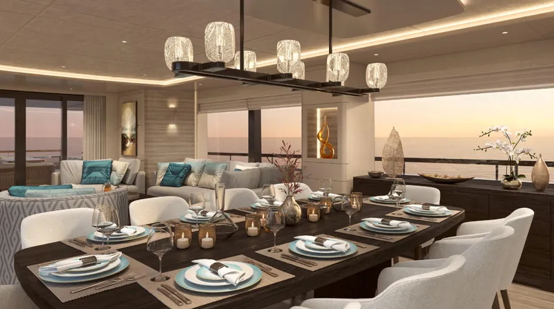 The Vessel Yacht Photos Pics Luxurious interior of 2026 Van der Valk Motor Yacht with elegant dining area and ocean view.