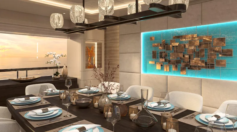 The Vessel Yacht Photos Pics Luxurious dining area on a 2026 Van der Valk Motor Yacht with modern decor and ocean view.