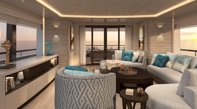 The Vessel Yacht Photos Pics Luxurious interior of 2026 Van der Valk Motor Yacht with modern decor and ocean view.