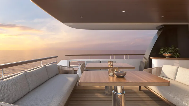 The Vessel Yacht Photos Pics Luxury deck of 2026 Van der Valk Motor Yacht at sunset.