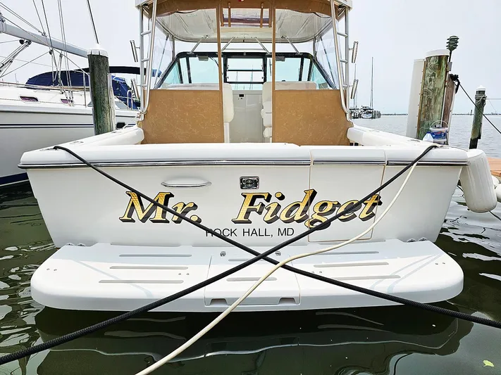 Fidgit Yacht Photos Pics 2006 Tiara Yachts 2900 Open Classic boat docked, named "Mr. Fidget," in Rock Hall, MD.