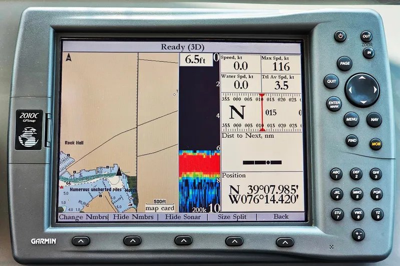 Fidgit Yacht Photos Pics Garmin GPS display on 2006 Tiara Yachts 2900 Open Classic, showing navigation and sonar data.