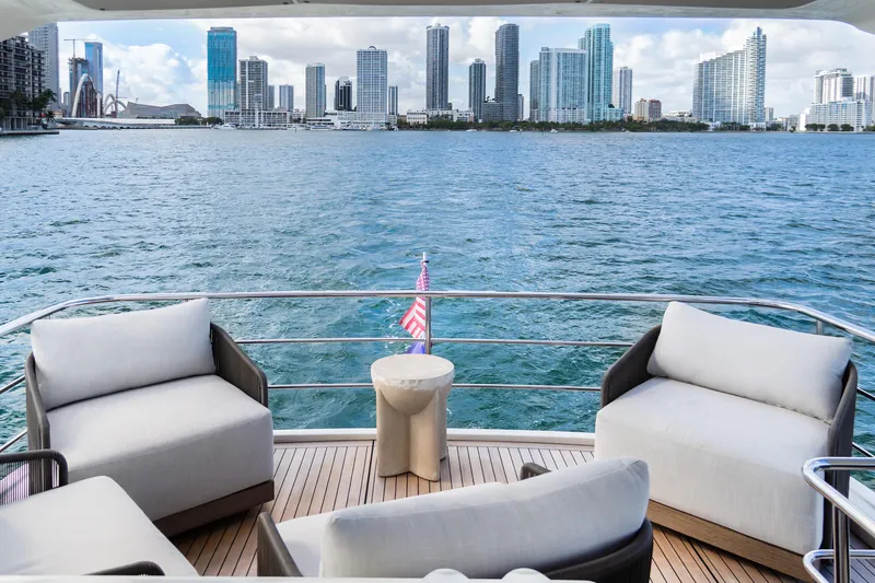 Triangle Yacht Photos Pics Luxurious Absolute 58 FLY yacht deck with city skyline view, 2019 model.