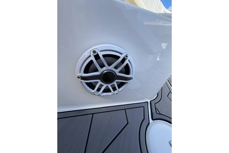  Yacht Photos Pics 2023 Fountain 34 Center Console boat speaker detail on deck.