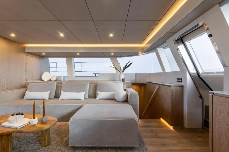 Spice Of Life II Yacht Photos Pics Luxurious interior of 2025 Sunreef 60 yacht with modern design and ambient lighting.