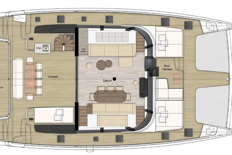 Spice Of Life II Yacht Photos Pics Floor plan of 2025 Sunreef 60 yacht, featuring saloon, cockpit, and bow terrace.
