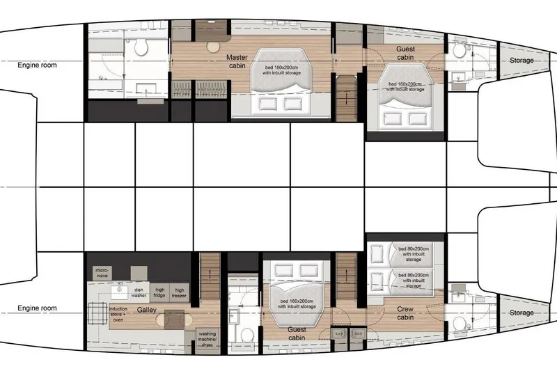 Spice Of Life II Yacht Photos Pics Floor plan of 2025 Sunreef 60 yacht, featuring cabins, galley, and storage areas.