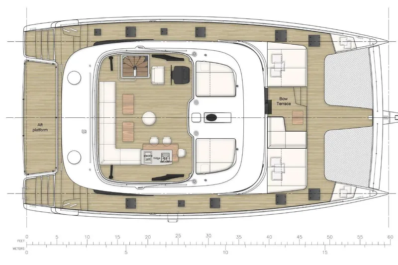 Spice Of Life II Yacht Photos Pics Floor plan of 2025 Sunreef 60 yacht, featuring aft platform and bow terrace.