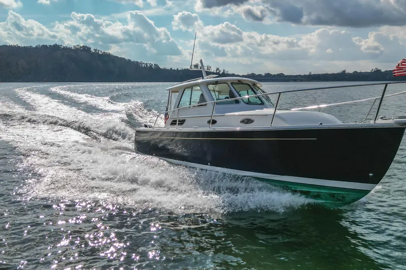  Yacht Photos Pics 2008 Back Cove 29 boat cruising on a sunny day with scenic water backdrop.